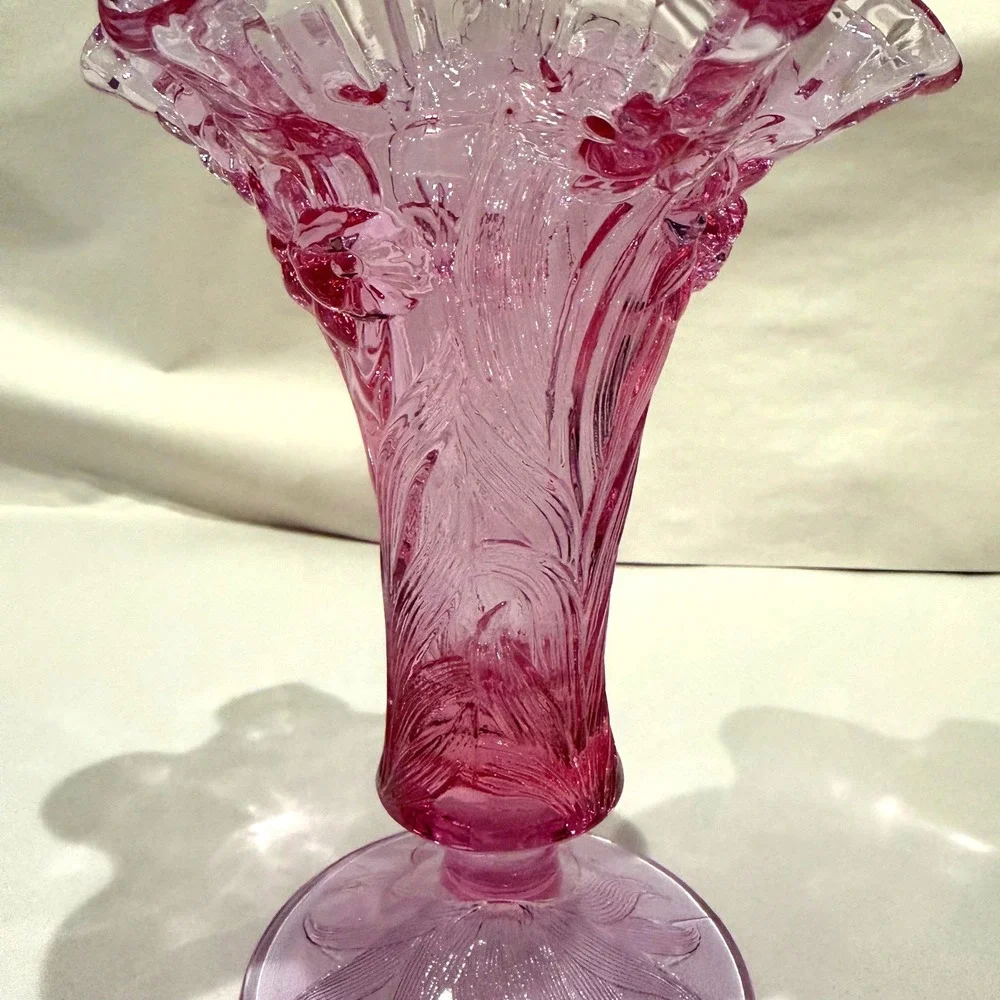 Fenton Empress Rose Pink Glass Vase Daffodil Embossed Ruffled Crimped Footed - Picture 6 of 8